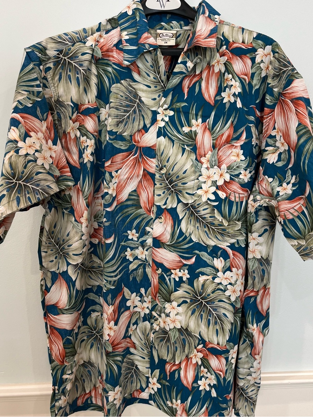Go Barefoot A Hawaiian Tradition Teal W/Plumerias Palms Reverse Shirt - Size 2XL